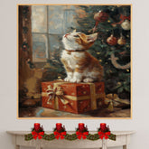Retro Christmas Kitten Print Orange and White Cat Sitting on Gift Box with Christmas Tree in Cozy Vintage Style Perfect for Festive Winter and Holiday Decor on Ready to Hang 1.5" Thick Canvas Wrap, Floating Framed Canvas, Flat Rolled Canvas